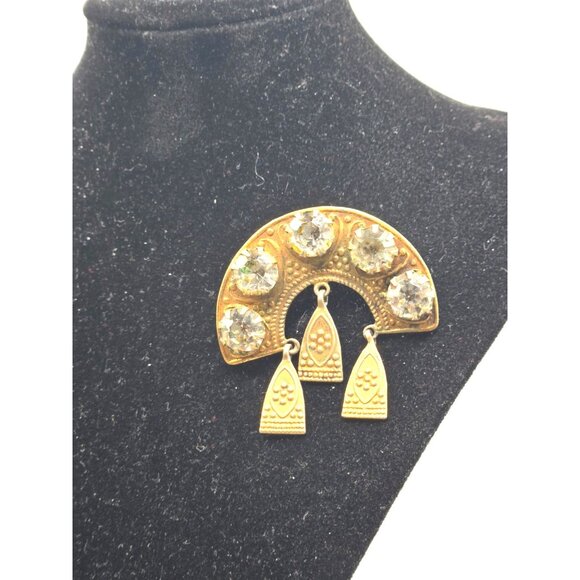 Antique Austro-Hungarian Brass Brooch c.1910 • Sawtooth Settings • Dangles - Picture 4 of 5